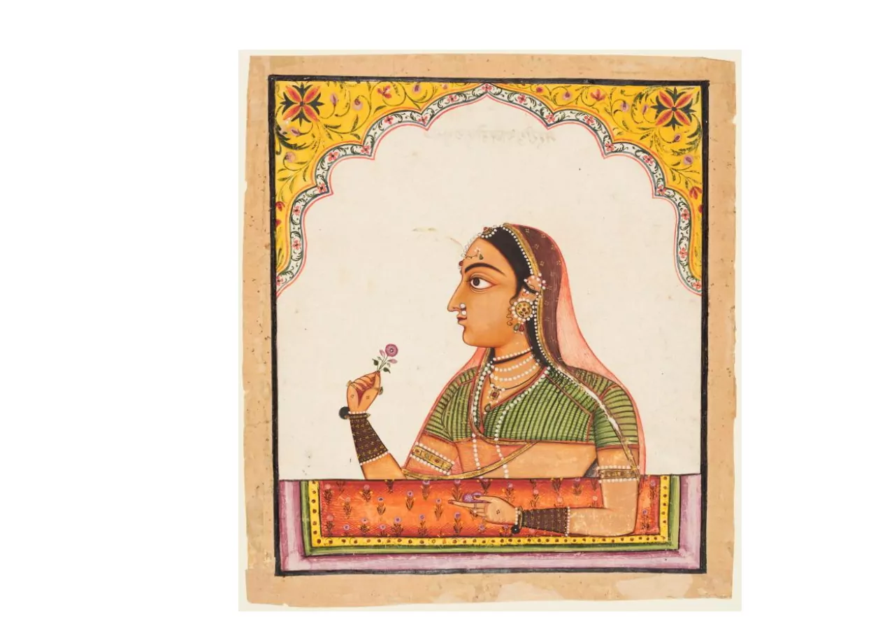 noblewoman holding a rose, rajasthani miniature painting