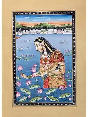 Plucking Lotuses On A Quiet Afternoon - Rajasthani Miniature Painting