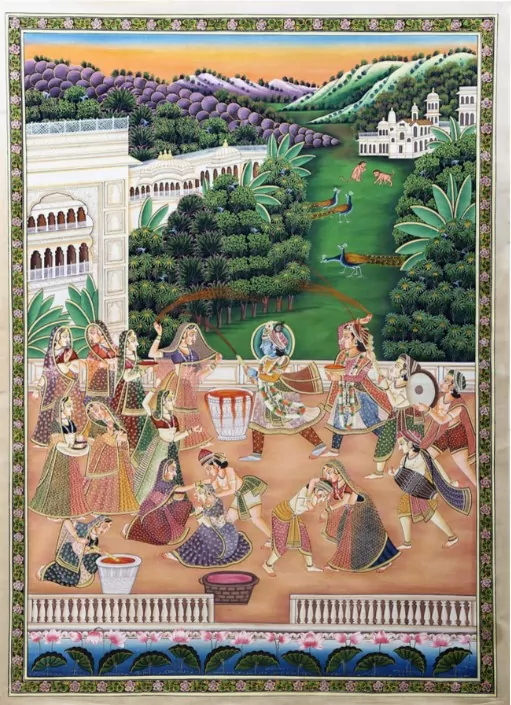 Pichwai painting of Lord Krishna playing Holi with Radha and gopis.