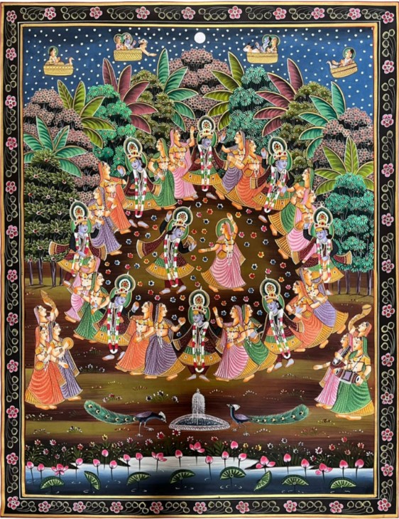 Pichwai painting of Lord Krishna dancing with Radha.