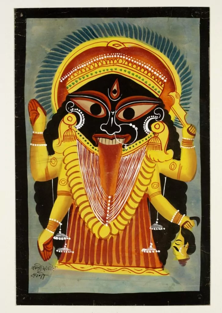 Kalighat style of paintings found its origin  usually depicted Gods and Goddesses, primarily Kali, the main deity of the temple.
