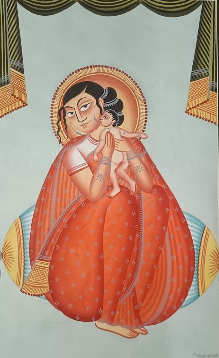 Kalighat Painting titled 'Mother and Child' by Anwar Chitrakar