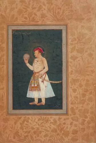 Jahangir holding a globe. The Minto Album. Painted by Bichitr, c. 1620, India