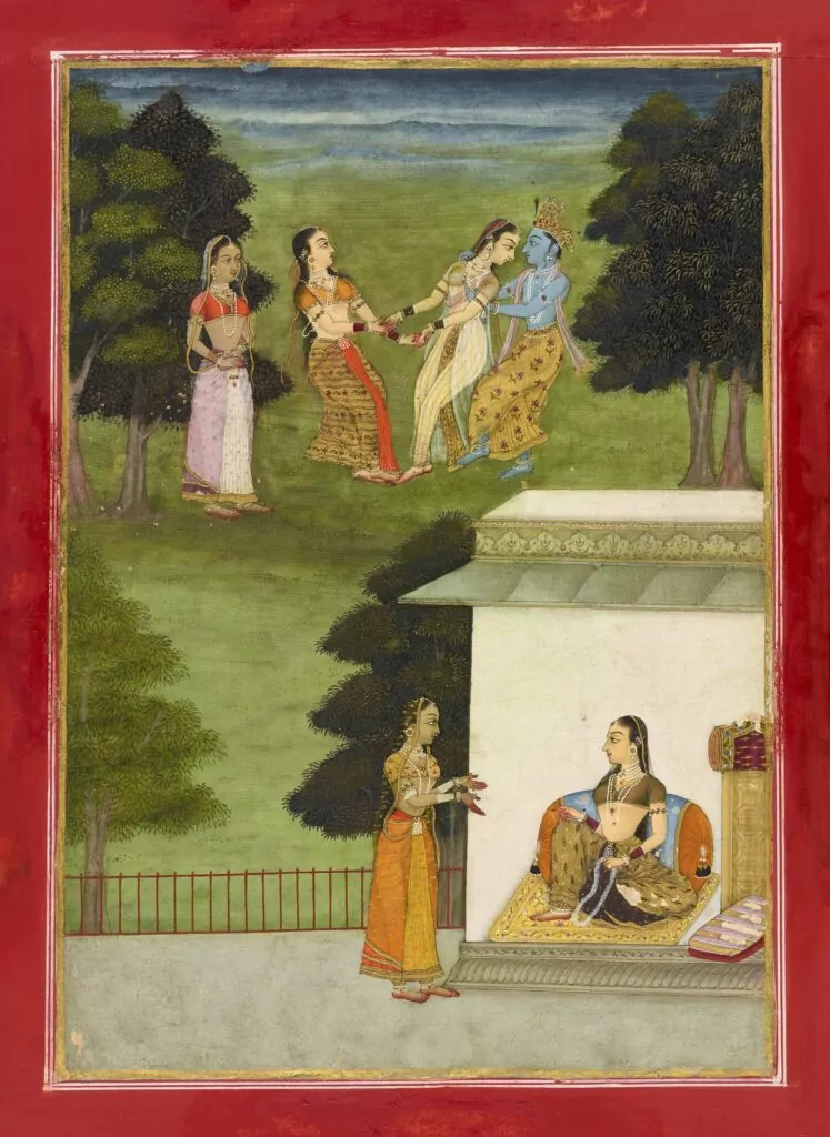Krishna playing with the gopis, folio from a Rasikpriya. By Ruknuddin, dated 1686.
